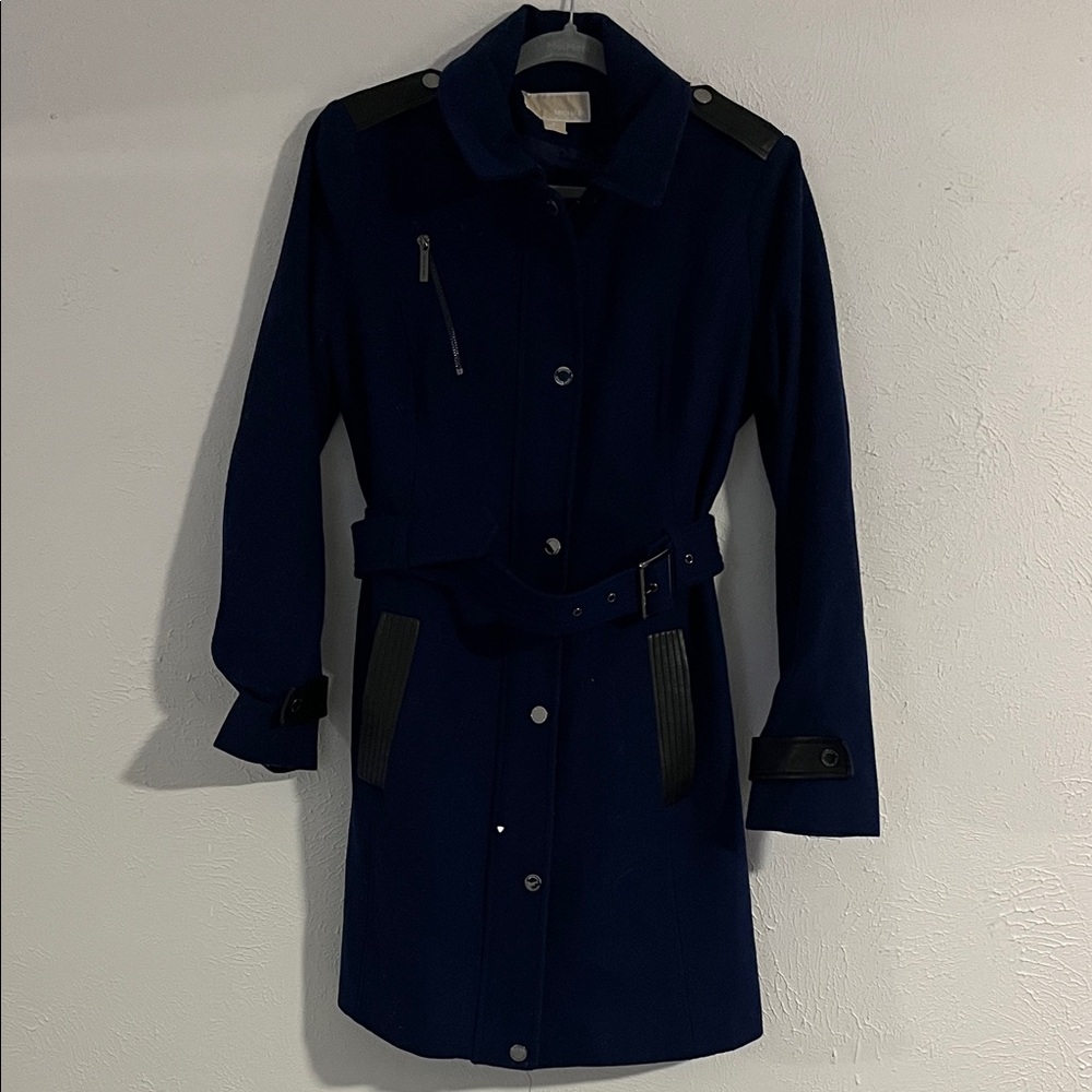 Michael Kors Navy Trench Coat with Black and Silver Accents